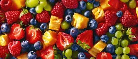 A vibrant fruit salad featuring strawberries, blueberries, grapes, raspberries, and pineapple chunks.