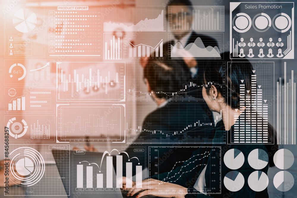 Poster big data technology for business finance analytic concept. modern interface shows massive informatio