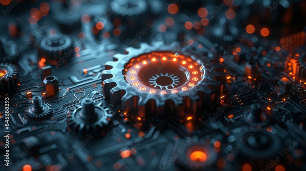 Poster network cog abstract symbol in center, stock photo design neural networks, reliability, machine lear