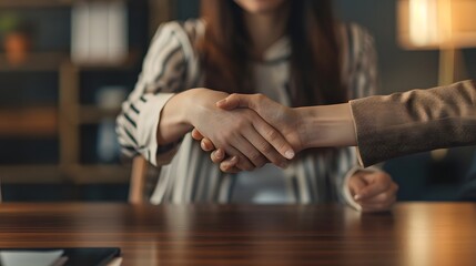 man and woman professional individuals are in a cheerful business meeting, shaking hands across a table in a modern office setting