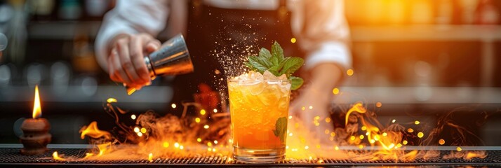 A bartender makes a tropical cocktail with fire