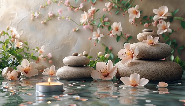 Meditation paraphernalia, relaxation center, Thai massage, rock balancing, flowers, candles and water for relaxation, space for texr