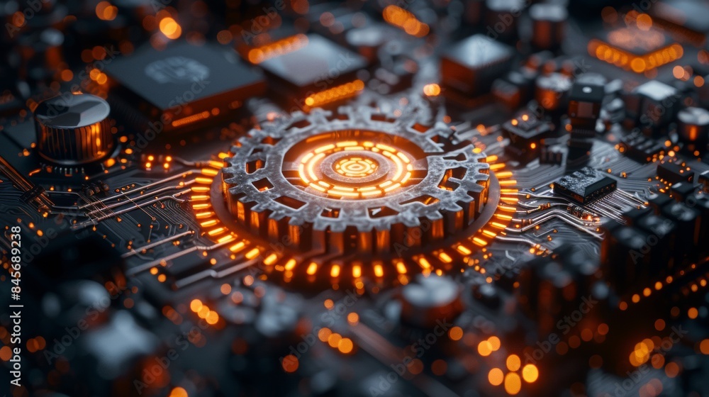 Poster network cog abstract symbol in center, stock photo design neural networks, reliability, machine lear