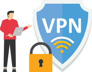 VPN software or plugin. App for secure internet connection, data encryption. Security protocol. Virtual Private Network, landing page template. User or employee uses laptop. Vector
