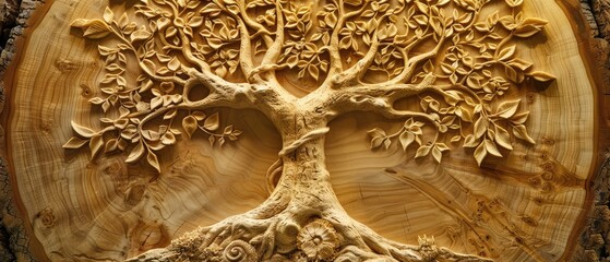 A high-detail light wood bas-relief depicting the Tree of Life.