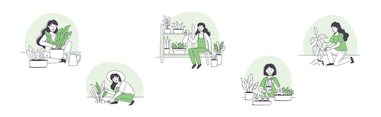 Woman Character Planting Growing and Cultivating House Greenery Outline Vector Set