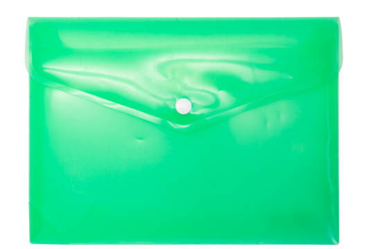 Green transparent plastic envelope folder. On a white background. Isolated. Office concept. 