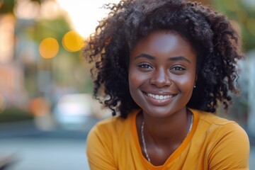 Young Woman With Curly Hair Smiling in Front of a Wall