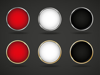 Set of round glossy buttons. Red, white, black silver and gold frame pins