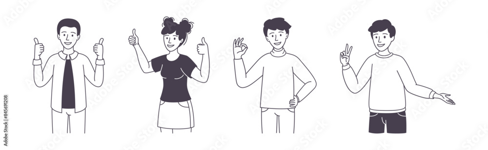 Poster people character showing positive hand gesture demonstrating emotion outline vector set