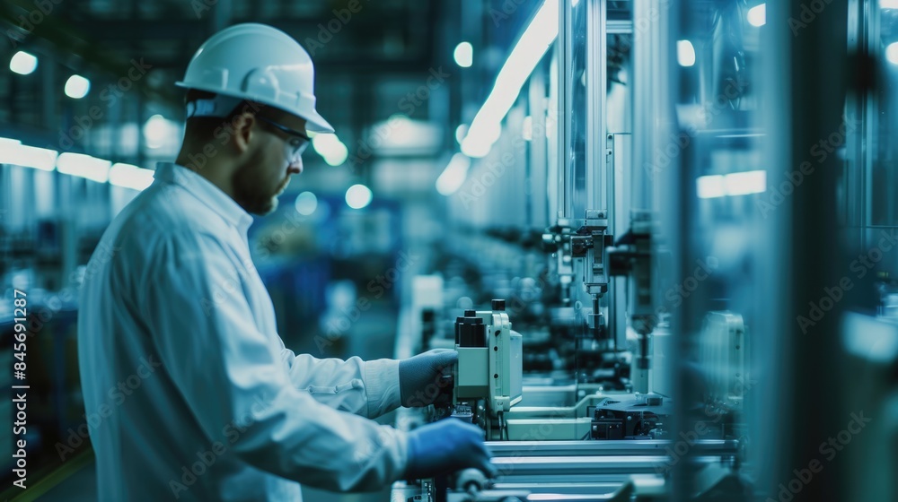 Poster an engineer attentively monitors automated robotic arms in a high-tech industrial setting, highlight