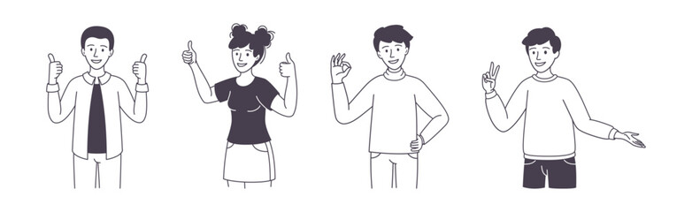 People Character Showing Positive Hand Gesture Demonstrating Emotion Outline Vector Set
