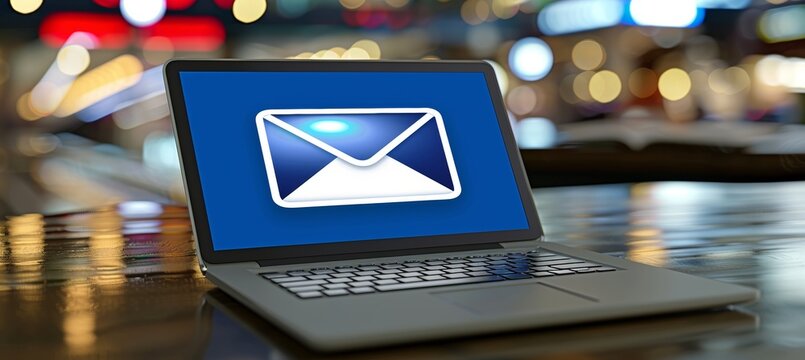 Email communication concept on laptop, displaying inbox for sending and receiving messages