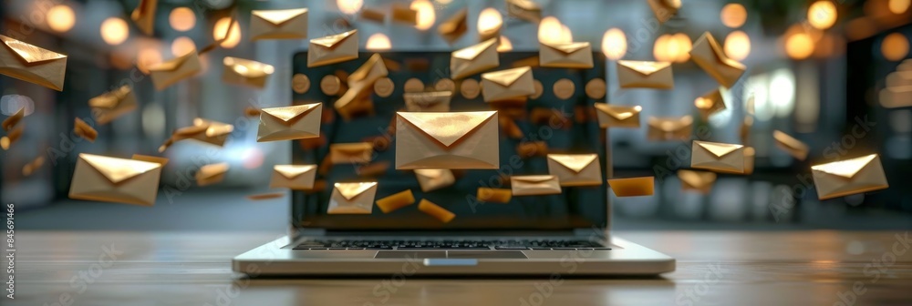 Poster laptop displaying open email surrounded by translucent envelopes in swirling vortex