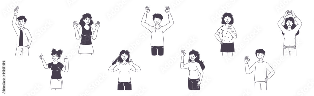 Poster people character showing positive hand gesture demonstrating emotion outline vector set