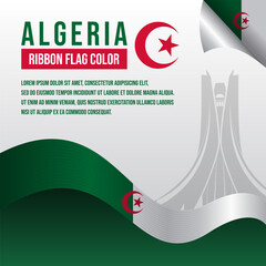 Algeria ribbon flag with Martyrs Memorial Monument silhouette and decoration