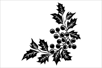 Holly berry set vector silhouette illustration. Christmas holly leaves. Black silhouette of Holly berry.