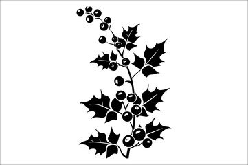 Holly berry set vector silhouette illustration. Christmas holly leaves. Black silhouette of Holly berry.