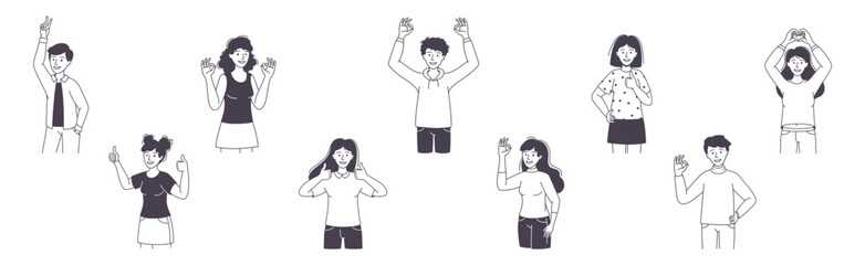 People Character Showing Positive Hand Gesture Demonstrating Emotion Outline Vector Set