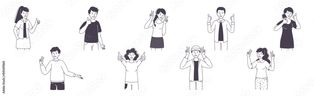Poster people character showing positive hand gesture demonstrating emotion outline vector set