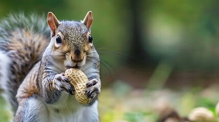 Obraz premium A gray squirrel holding a peanut