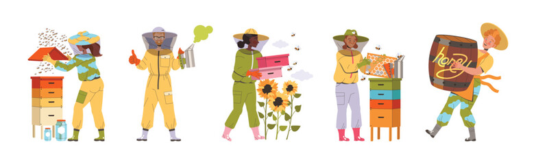 Equipped Beekeeper or Apiarist Gathering Sweet Honey from Beehive Vector Set