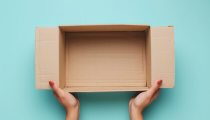 Woman hands holding opened brown carton box on light blue table background Pastel color Closeup Empty place for different things goods food or products packaging for delivery 