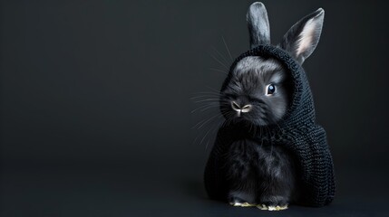 Adorable Black Rabbit in Mysterious Costume on Plain Background