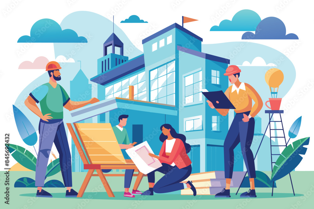 Poster an illustration of four professionals working together on a construction project. two architects and
