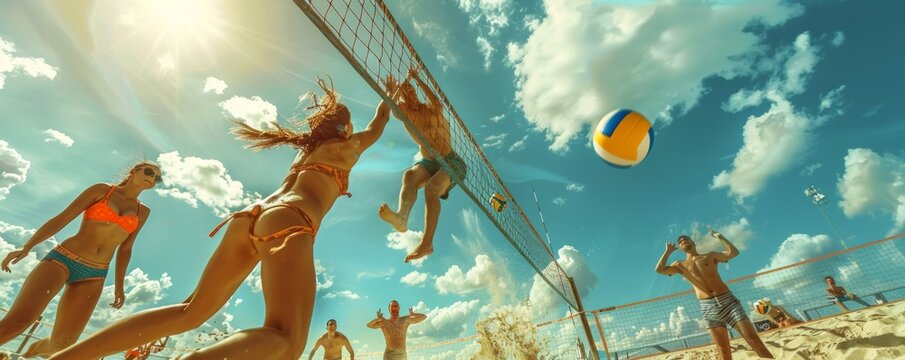 Group of people playing beach volleyball, diving for the ball, sunny day, 4K hyperrealistic photo.