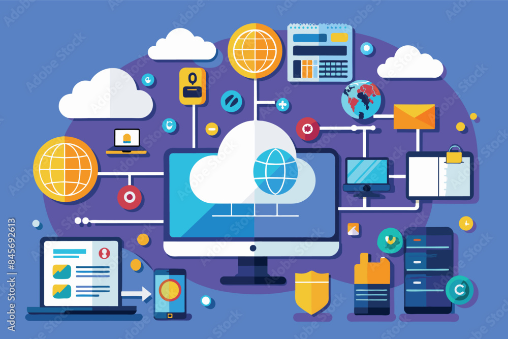 Poster a colorful illustration showing a network of connected devices and services, all linked to a cloud c