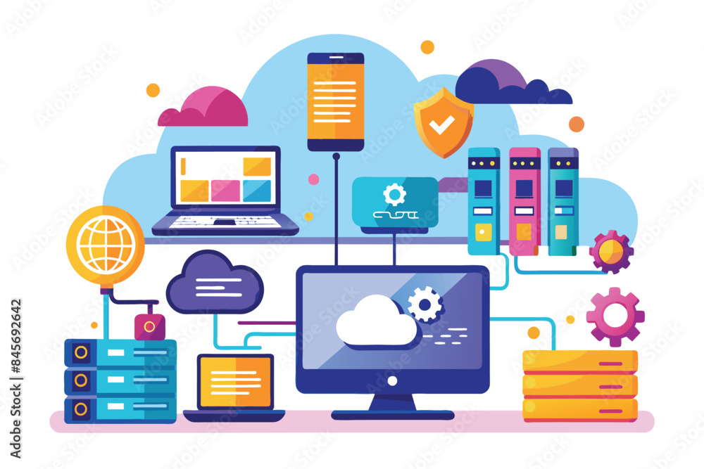 Poster a colorful illustration of a secure cloud network system with connected devices, servers, and a chec