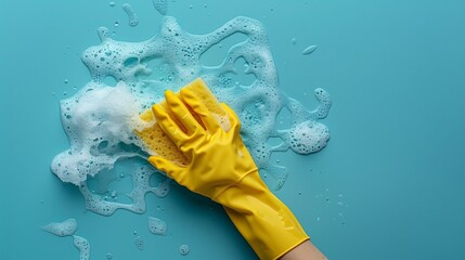 Cleaning blue surface with yellow gloves