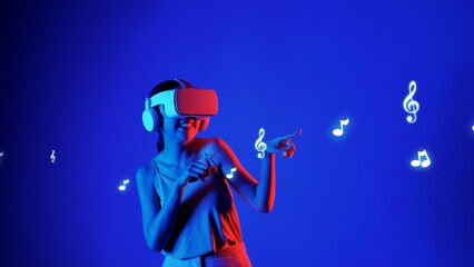 Smiling woman listening and dancing on fun song using VR headset in graphic note melody musical...