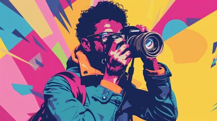 Energetic character holding a professional camera, dynamic World Photography Day composition