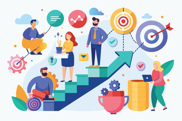 A diverse team of four people working together, climbing stairs toward success and reaching a goal represented by a bullseye.