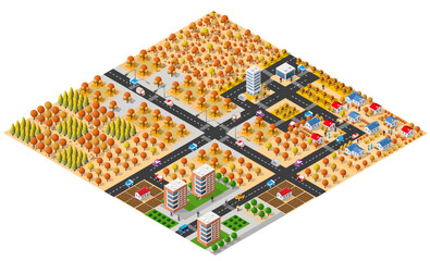 Isometric 3d module block district part of the city with a street road from the urban infrastructure of vector architecture. Modern white illustration for game design and business background