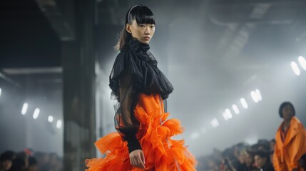 Modern fashionable show runway. Audience admire model walk. Bright spotlights over scene. High-fashion style, design week. Stylish catwalk collection. Designers clothing, trendy look. Beautiful defile