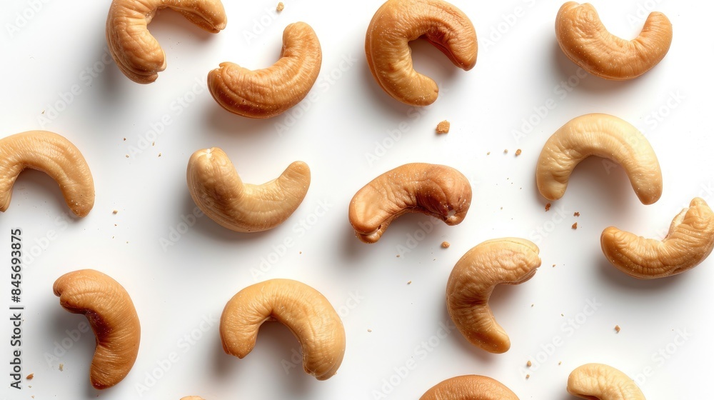Aufkleber top view of roasted cashew nuts on a white background with full depth of field and clipping path