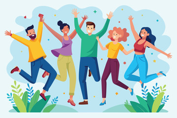 A group of four diverse friends jumps in celebration, their arms raised in the air, with a background of green leaves and blue sky.