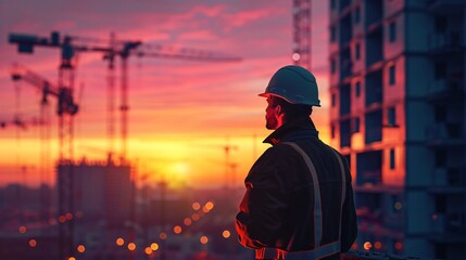 Construction worker site sunset view