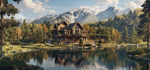 Fototapeta premium Beautiful forest house nestled among mountains and rivers
