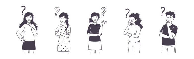 Question with Thoughtful Man and Woman Scratching Head over Riddle Vector Set