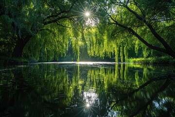 Fototapeta premium Stone-Edged Pond in a Lush Green Garden