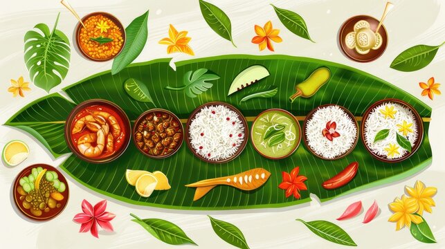 Festive illustration of Onam Sadya, a traditional feast with various dishes on a banana leaf
