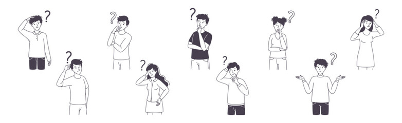 Question with Thoughtful Man and Woman Scratching Head over Riddle Vector Set