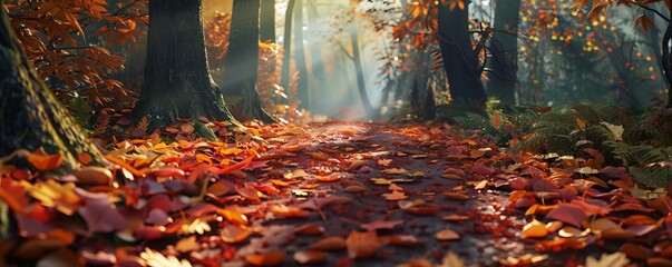 Fototapeta premium Autumnal forest path with fallen leaves creating a colorful carpet, 4K hyperrealistic photo