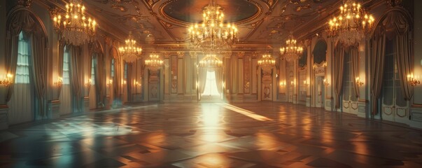 Fototapeta premium Elegant ballroom adorned with chandeliers, 4K hyperrealistic photo