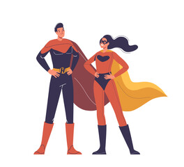 Male And Female Superhero Characters Stand Confidently In Their Costumes, Embodying Strength, Teamwork, And Empowerment