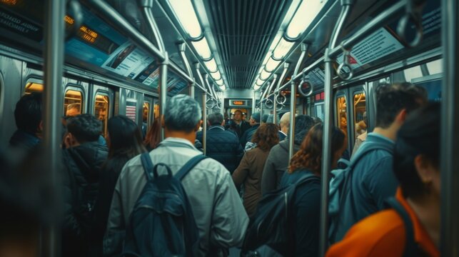 A crowded subway car filled with passengers during their commute. Many are standing, some with backpacks, and all are facing forward.